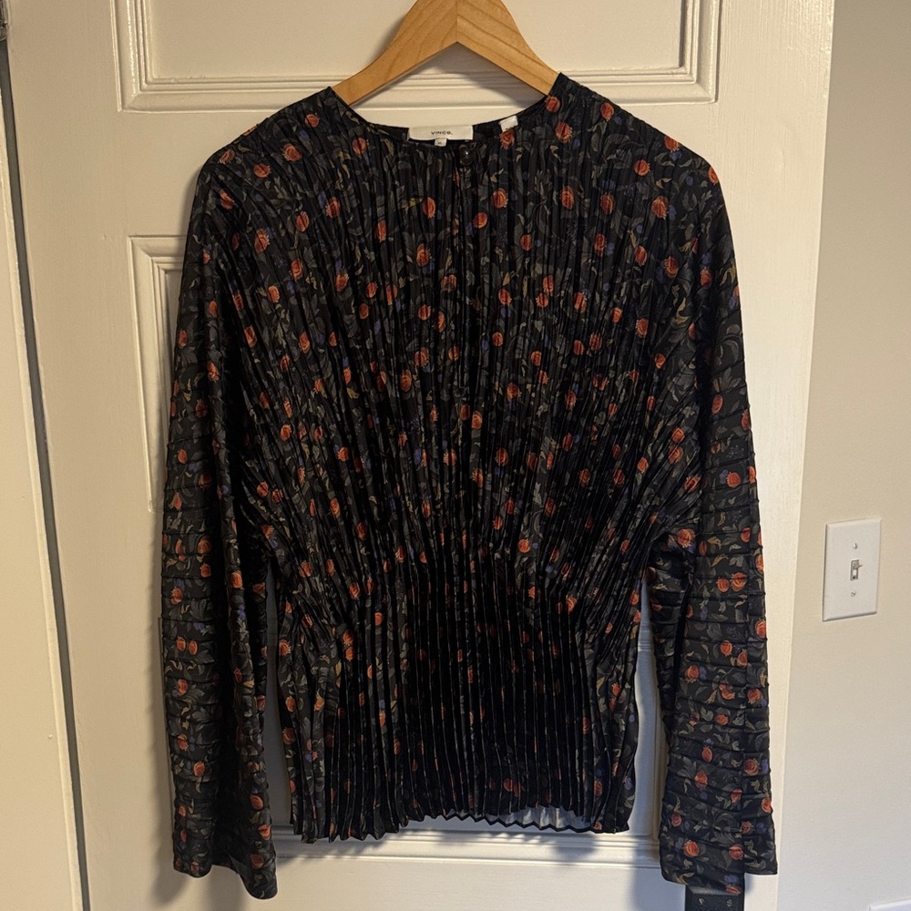 Vince Black Long-Sleeve Pleated Top with Red Floral Print
